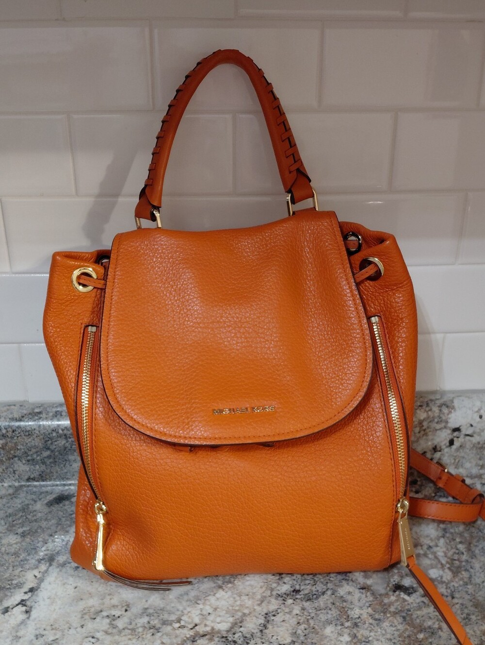 Michael Kors Viv Large Orange Leather Drawstring Backpack